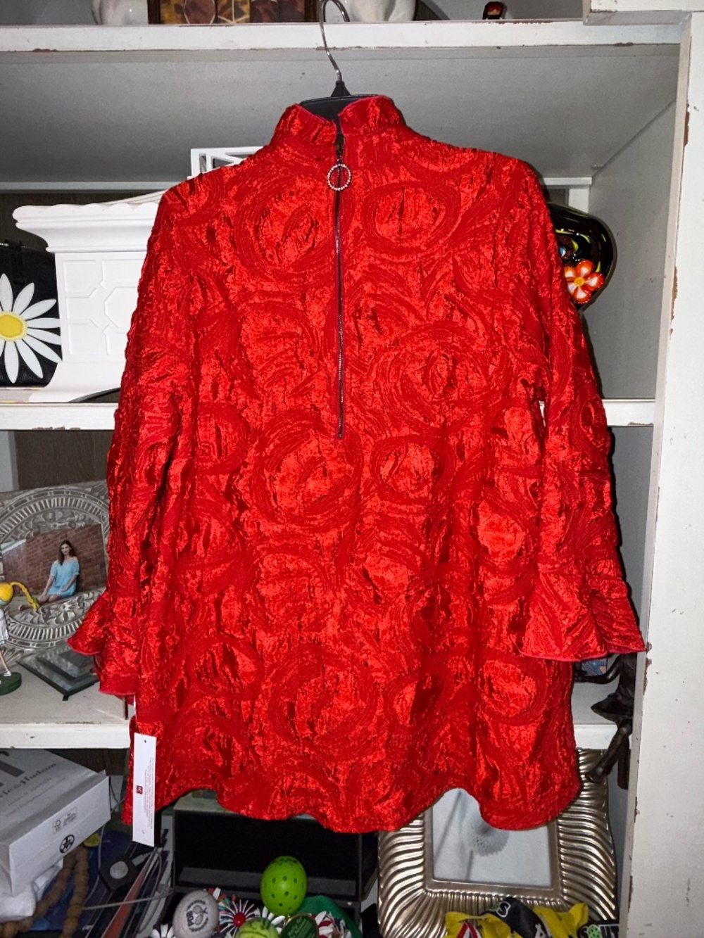 IC collection red textured tunic mock ruffle neck zip back Large L - Picture 5 of 5